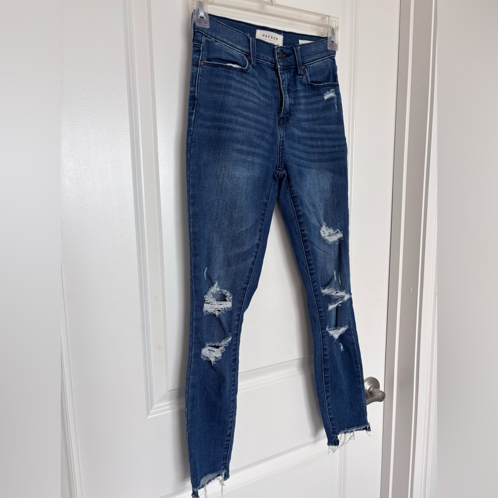 PacSun High Rise Destressed Power Super Stretch Ankle Skinny Raw Hem Size 23